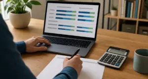 Persona comparando una propuesta digital de préstamo con su presupuesto