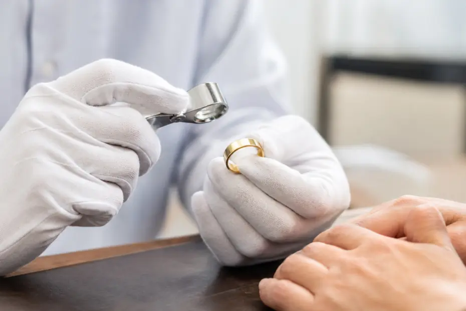 Especialista examinando un anillo como garantía de un préstamo