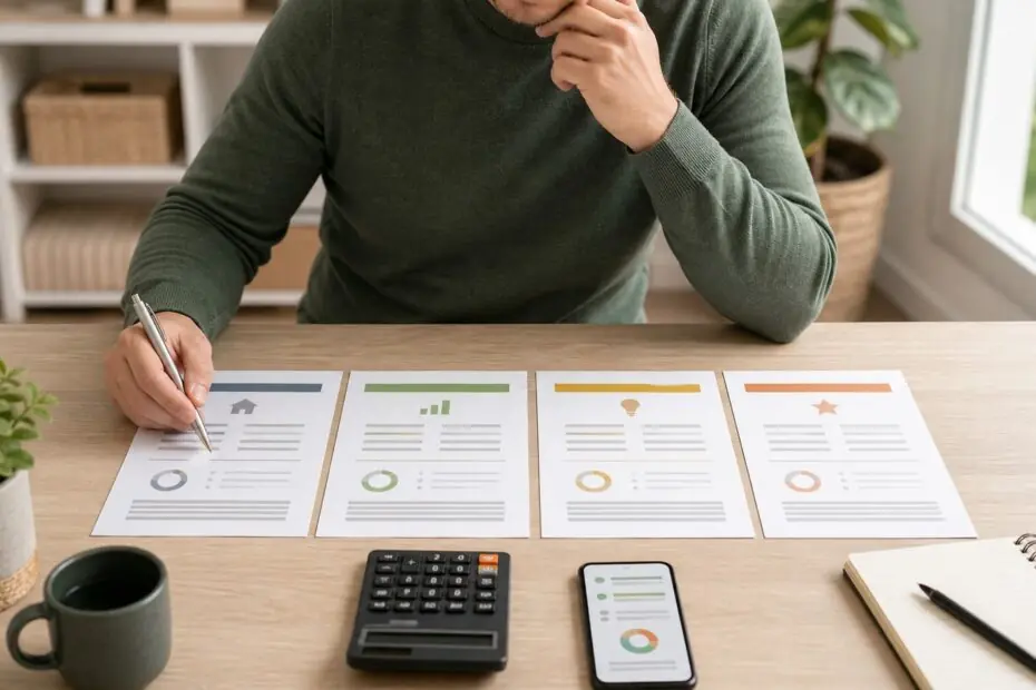 Persona comparando cuatro propuestas de préstamo con una calculadora