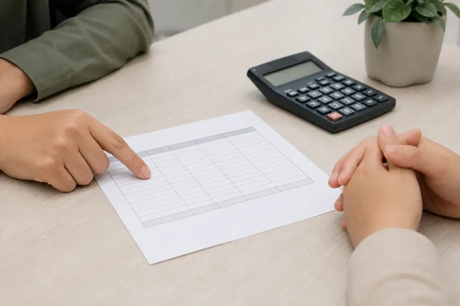 Persona revisando un calendario de pagos durante una evaluación